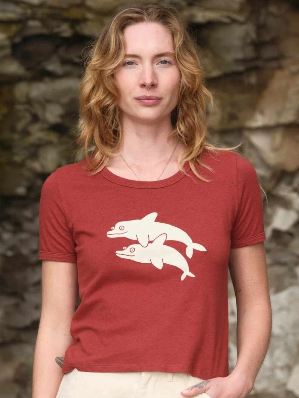 NWT Mollusk Surf Shop Cherry Red Hemp Cotton Dolphin Tee